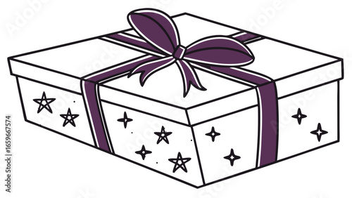 Hand drawn illustration of a white gift box with purple ribbon and stars for celebration