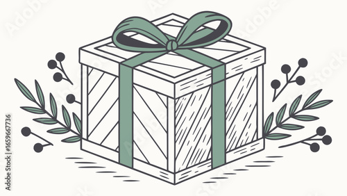 Stylized wooden gift box with green ribbon and decorative branches and berries