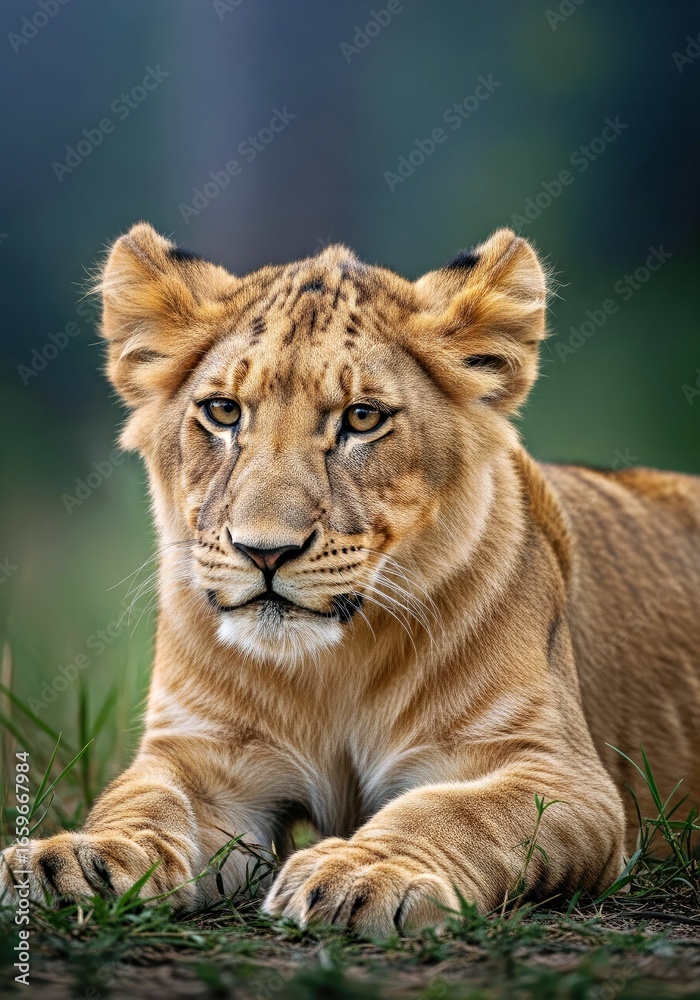 Fototapeta premium Affectionate Lion Cub Over the Shoulder Portrait with Mystical Lighting