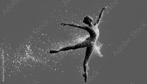 Graceful ballerina in mid-leap, glittering particles, gray background