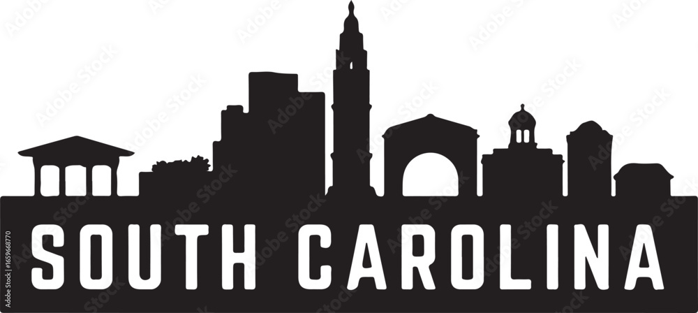 Fototapeta premium South Carolina Skyline Silhouette | State Landmarks Vector | Black and White Design