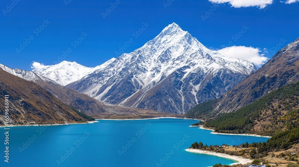 Obraz premium Breathtaking view of snow-capped mountains towering over a pristine turquoise lake surrounded by lush greenery, ideal for travel brochures, nature conservation campaigns, and desktop wallpapers,