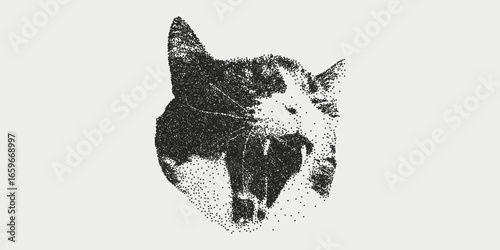 Stippling halftone cat face. Photocopy stipple effect. Grungy punk aesthetic perfect for zines, posters, DIY flyers, tattoo, graphics, album art