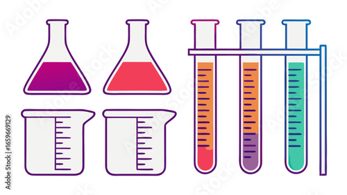 Colorful laboratory glassware with liquids for science experiments