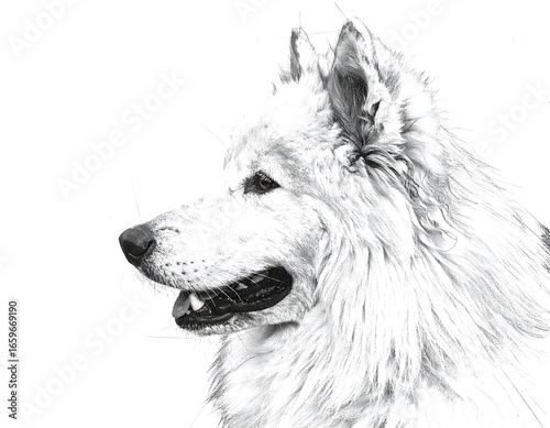 Monochrome portrait of a fluffy white dog