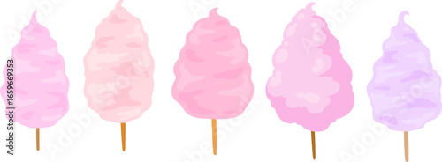 Cotton candy on stick. Sweet dessert from the fair and children party. Pink candyfloss. Flat cartoon