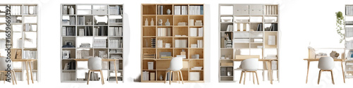 Multiple light-colored bookcases, possibly for a home office or library, are shown in a row
