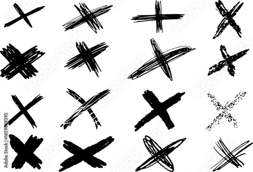 Hand-drawn grunge X marks in black ink. Rough textured crosses made with brush, pen, and pencil for bold DIY and punk style designs. Isolated on white background.