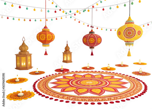 Golden and red diwali decoration with diya is lit in PNG

