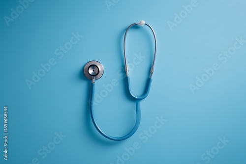 Blue stethoscope on light blue background with copy space, representing healthcare, medicine, and medical equipment essentials