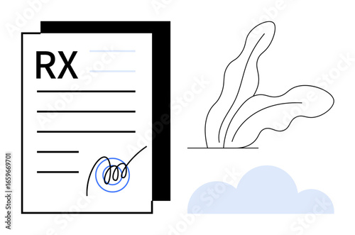 Signed prescription paper alongside minimal leaf and cloud shapes representing health, care, and nature. Ideal for healthcare, wellness, sustainability, pharmacy, medical advice, eco-friendly living