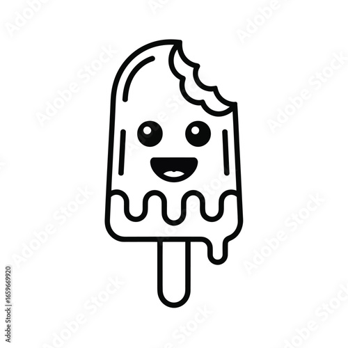 Cute cartoon ice pop with happy face and bite mark ice cream popsicle