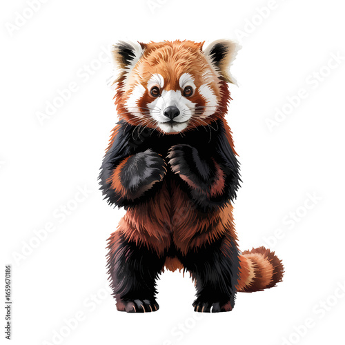 Cute red panda standing upright in a playful pose with vivid fur and engaging expression in a bright, neutral background