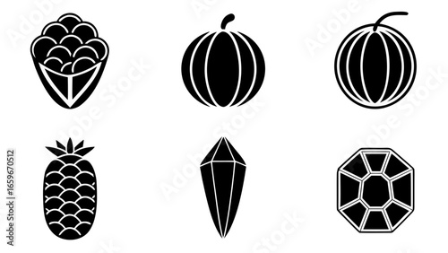 Collection of black and white icons featuring fruits and gemstones