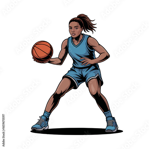 Young female basketball player in uniform walking with a basketball outdoors during practice session