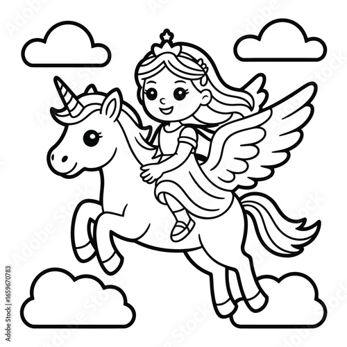 Outline drawing of a girl riding a winged unicorn among clouds princess