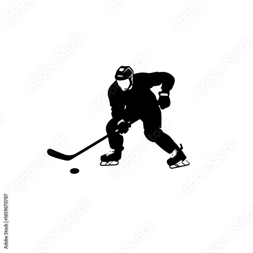 Hockey player skating swiftly while controlling puck on ice during competitive match