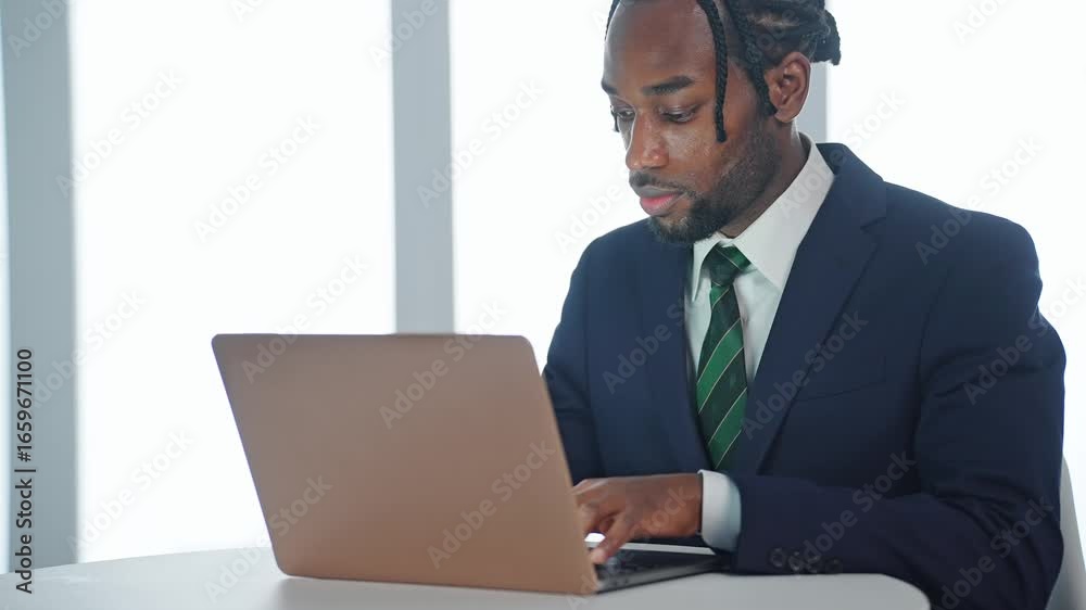 オフィスのデスクでノートPCを使って作業する黒人男性ビジネスパーソン オフィスのデスクでノートPCを使って作業する黒人男性ビジネスパーソン