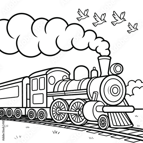Black and white drawing of a steam train with smoke and flying birds locomotive engine