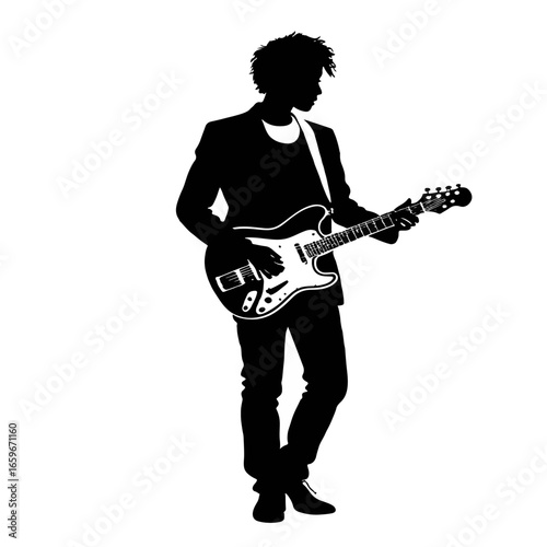 Silhouette of a musician playing electric guitar in a stylish outfit during a performance