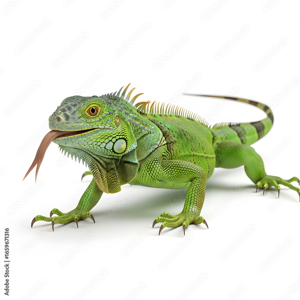 Fototapeta premium Vibrant Green Iguana with Forked Tongue Extended.