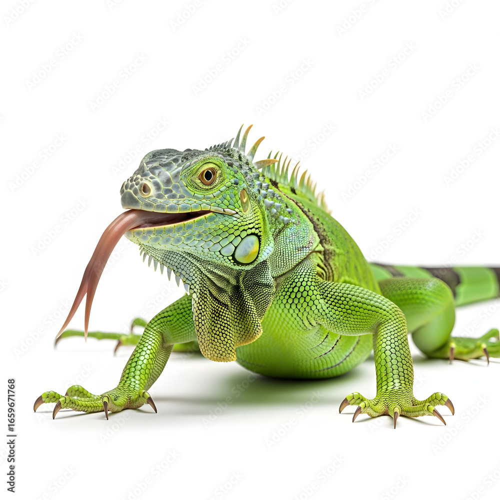 Fototapeta premium Green Iguana with Tongue Out Close-Up Reptilian Portrait.