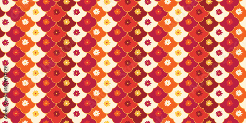 Seamless Japanese Ornamental Pattern in Retro Style with Petals in Red, Yellow, and Orange Tones. Geometric floral shapes. Perfect for textile prints, wallpapers, wrapping paper, or decorative