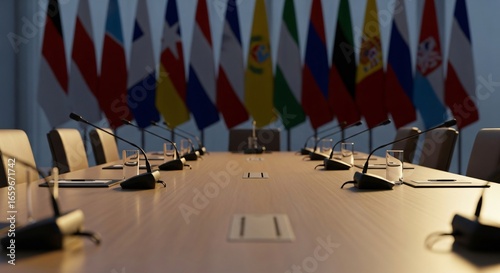 International Conference Room with Flags and Microphones.