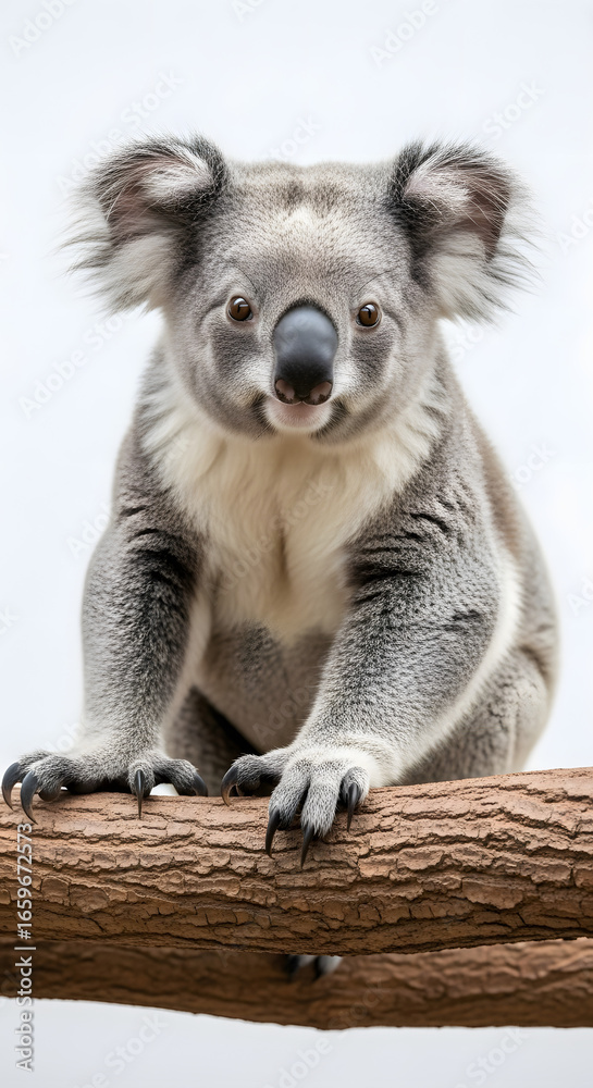 Fototapeta premium Adorable Koala Bear with Fluffy Ears Perched on a Tree Branch.