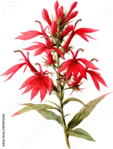 Vibrant red cardinal flower blooms on a stunning botanical close-up Watercolor PNG