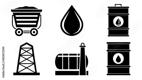 Set of icons representing oil and gas industry resources and infrastructure