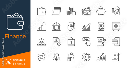 Finance thin line icon collection for banking, investment, tax and payment concept. Editable stroke. Pixel perfect.