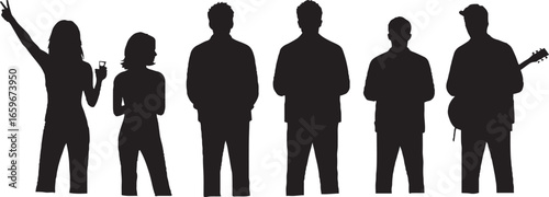 Diverse Group of People Silhouettes Vector, Including Musician, Party-goer, and Casual Standing Figures