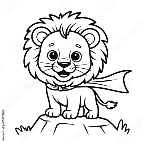 Black and White Outline of a Cute Cartoon Lion with a Scarf image photo