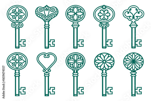 Collection of ornate antique skeleton keys in a vintage style