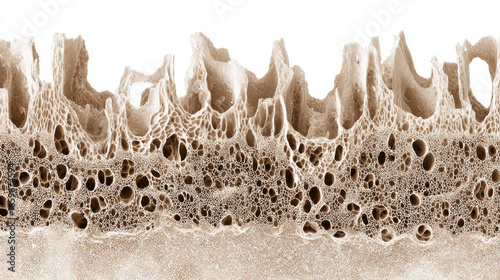 Kidney glomerular basement membrane, mesh-like collagen lamina with nanoscale pores, monochrome contrast highlighting ultrastructure. 3d illustration.