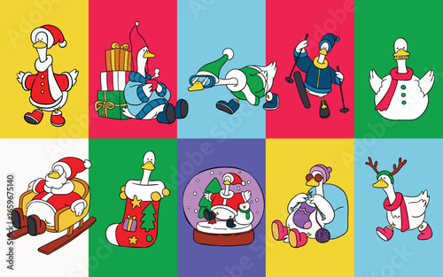 Cute Goose cartoon Character Set Christmas winter Seasonal vibe and Holiday Illustrations