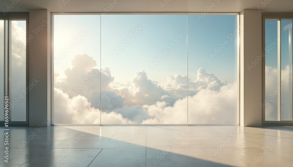 Fototapeta premium Minimalist interior room with large windows revealing serene sky filled with soft, white clouds. Natural light floods space, creating bright, airy, peaceful ambience. Bright, clean, modern setting