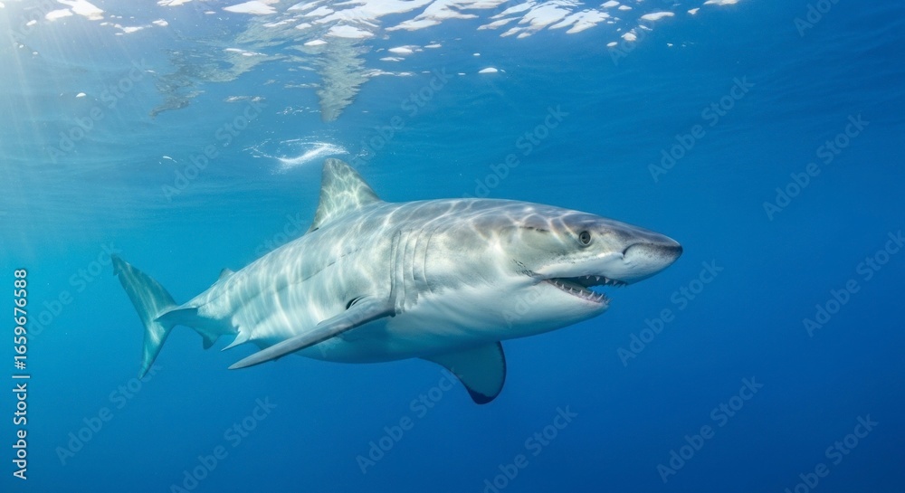 Obraz premium Sun-Dappled Great White Shark Gliding Gracefully Below the Ocean Surface.