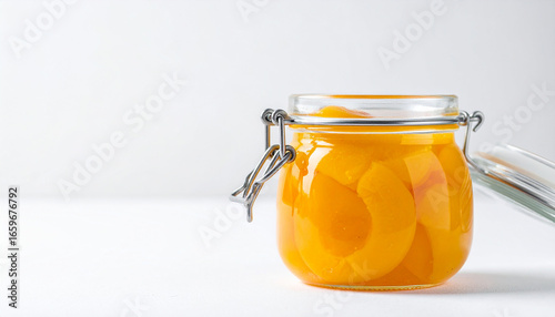 Fototapeta Naklejka Na Ścianę i Meble -  Glass jar filled with preserved peaches in syrup. Sweet organic dessert. Tasty food.