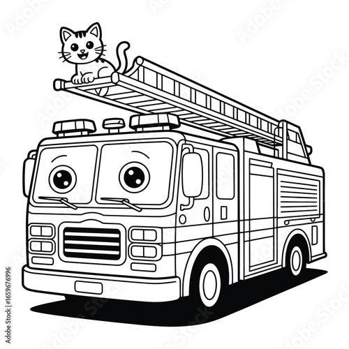 Cartoon fire truck with a smiling cat on its ladder vehicle
