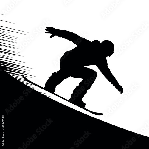 Vector art of silhouette of a snowboarder descending a snowy slope