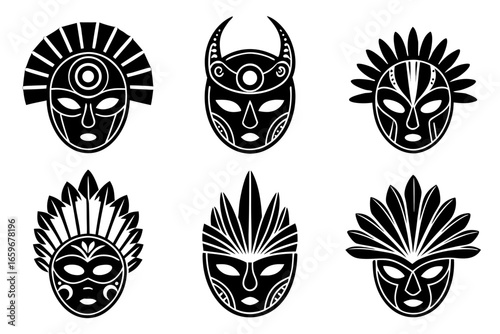 Collection of stylized tribal masks with feathered headdresses