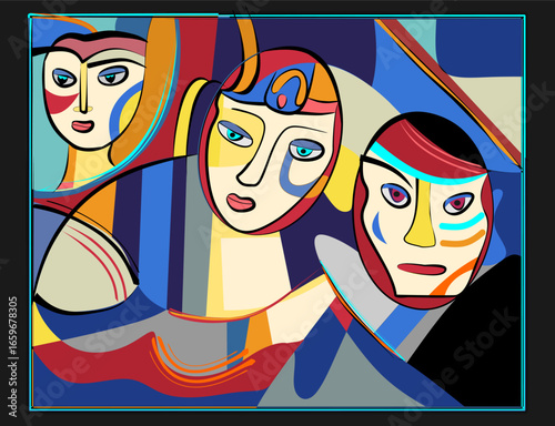 Colorful background, cubism art style,composition of abstract  faces on blue background