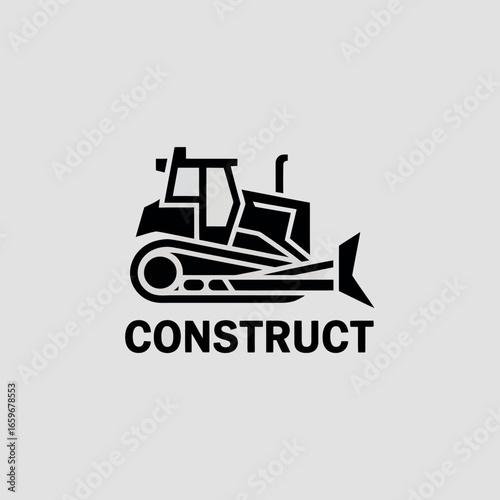 Vector art of black and white illustration of a bulldozer with the word construct