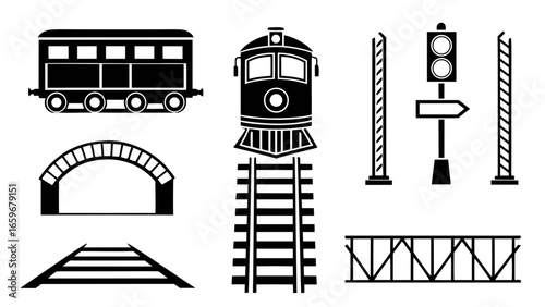 Collection of black and white train and railway icons and illustrations
