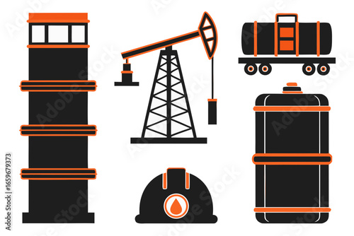 Oil industry equipment and safety gear flat design illustration