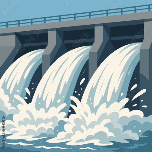 Hydroelectric dam with flowing water in flat design