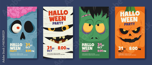 Cartoon invitations set with faces of monster characters for Halloween party. Hand drawn heads of zombie, mummy, pumpkin, monster. Holiday template design for print, flyer, banner, social media