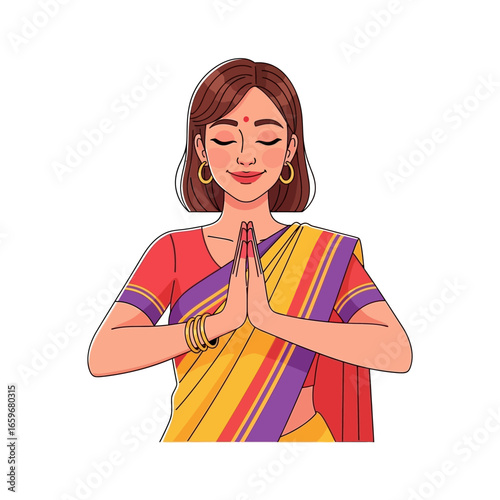 Woman in Traditional Saree Gesturing Namaste A Cultural Illustration of Respect and Greeting